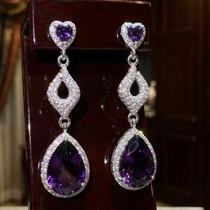 Silver w/Purple Teardrop Crystal Chandelier Earrings –